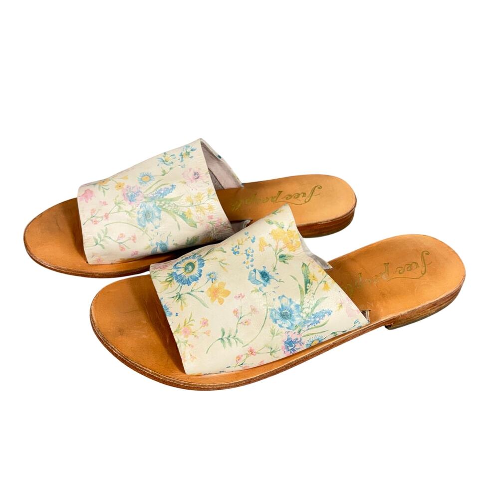 Free People Vicente Floral Leather Slide Sandals Size 39 US 9 Slides Flats Boho - Picture 2 of 8